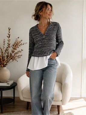 Calvin Klein Black White Marled 1/4 Zip Layered Hem Sweater